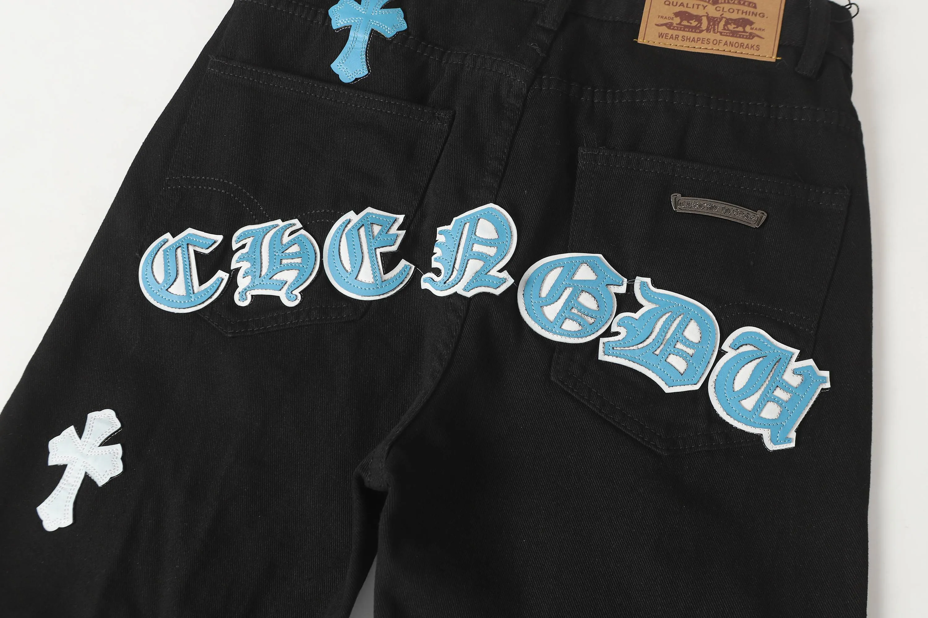 P270 Chrome Hearts/Chrome Hearts 25ss classic colored leather cross washed color cloth denim trousers for men and women Color: Picture color Size: 28-36
